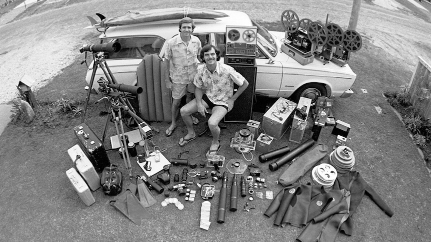 Dick Hoole and Jack McCoy with camera equipment they used making Tubular Swells