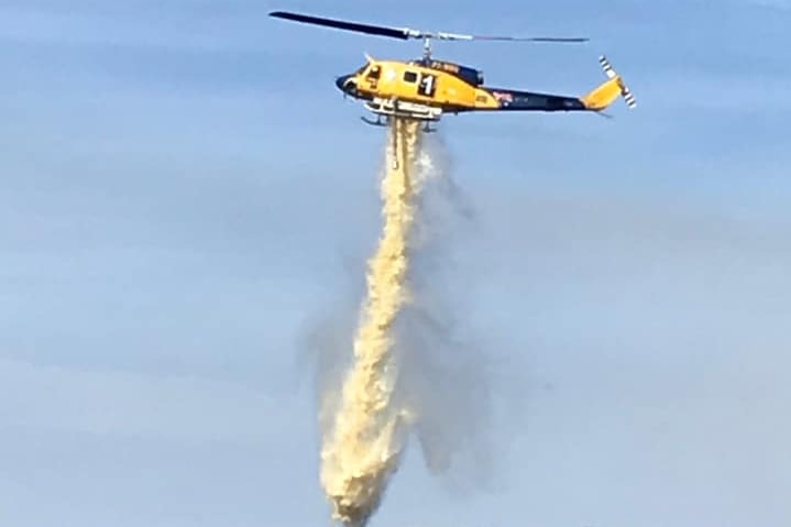 A yellow firefighting helicopter drops a load of water.