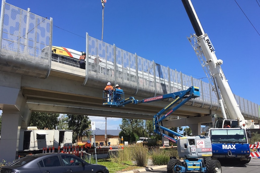 Workers start removing the screens along the overpass at South Road.