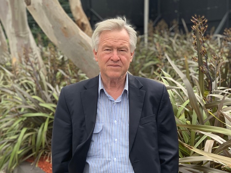 Man in suit jacket stands in front of grasses and tree.