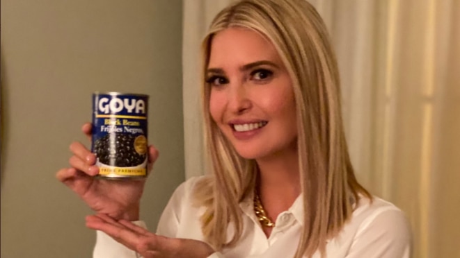 White House advisor Ivanka Trump holds up a can of Goya black beans.