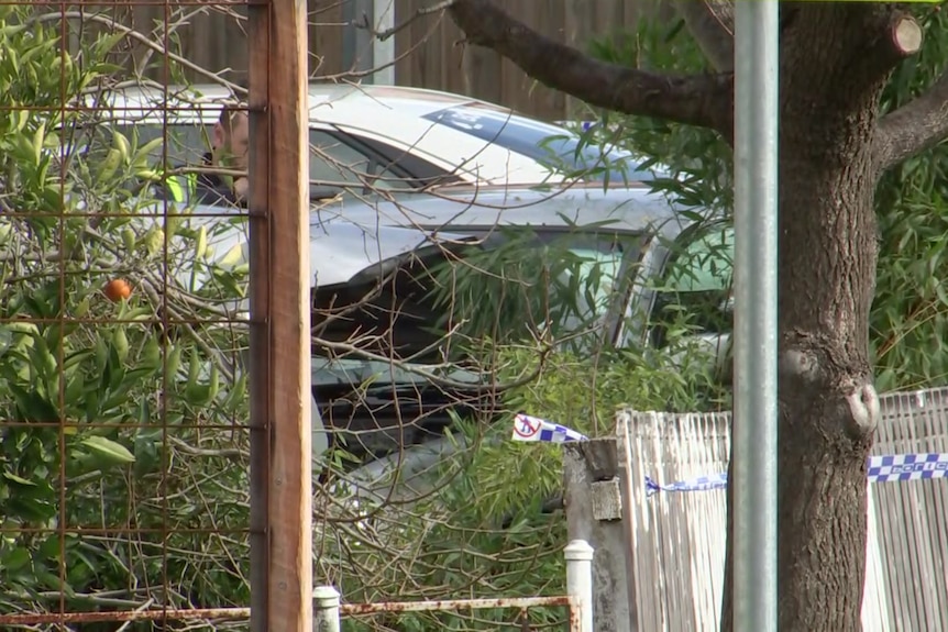 Une voiture accidentée est légèrement visible derrière des arbres, une clôture et un ruban de police.