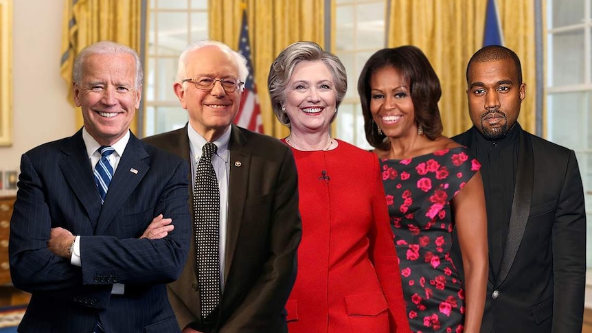 A graphic shows Joe Biden, Bernie Sanders, Hillary Clinton, Michelle Obama and Kayne West standing together.