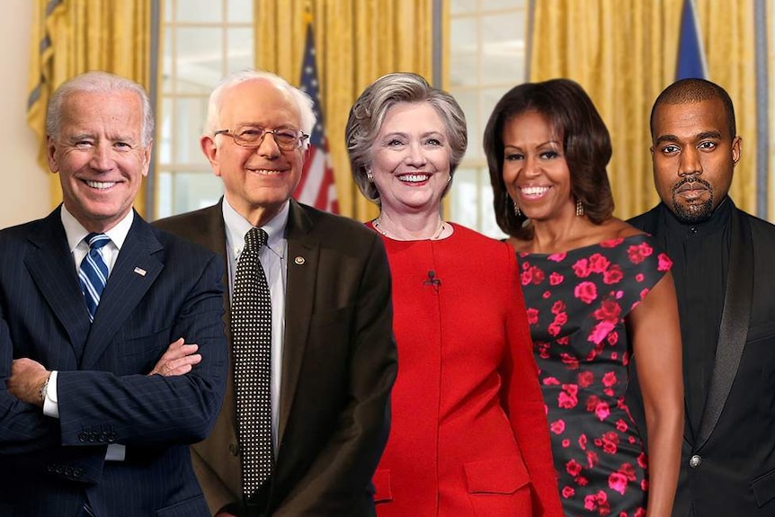 A graphic composite photo shows Joe Biden, Bernie Sanders, Hillary Clinton, Michelle Obama and Kayne West standing together.