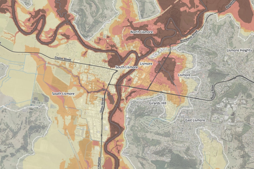 aerial map of Lismore with flood prone areas graded by red colouring