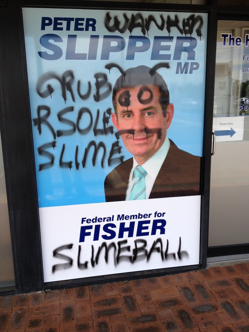 A poster of Peter Slipper covered in graffiti