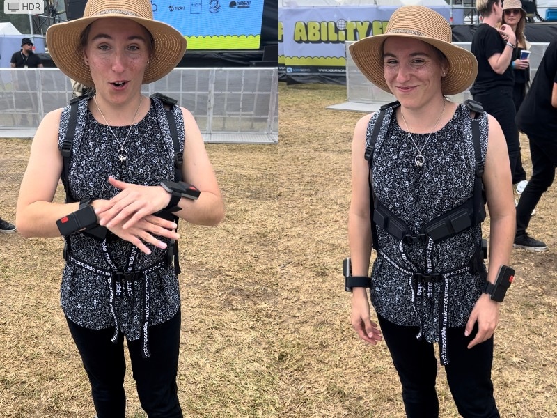 A composite of two images of a woman wearing a futuristic-looking vest and wristbands at a festival, standing on grassland 