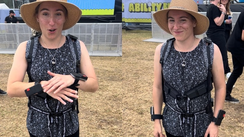 A composite of two images of a woman wearing a futuristic-looking vest and wristbands at a festival, standing on grassland 