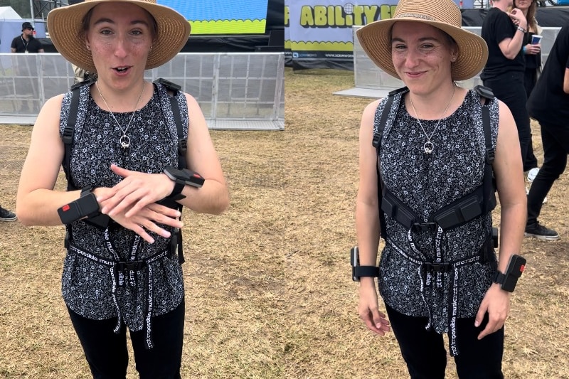 A composite of two images of a woman wearing a futuristic-looking vest and wristbands at a festival, standing on grassland 