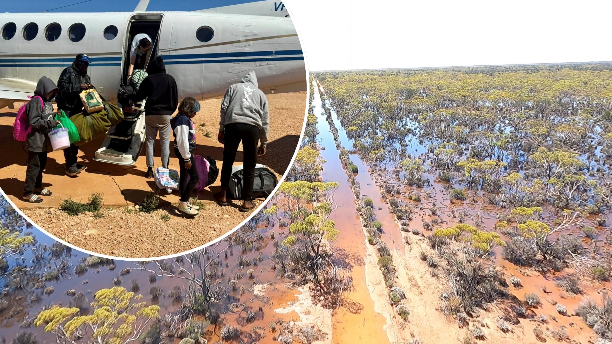 composite picture showing a road flooded and passengers getting of a small aircraft