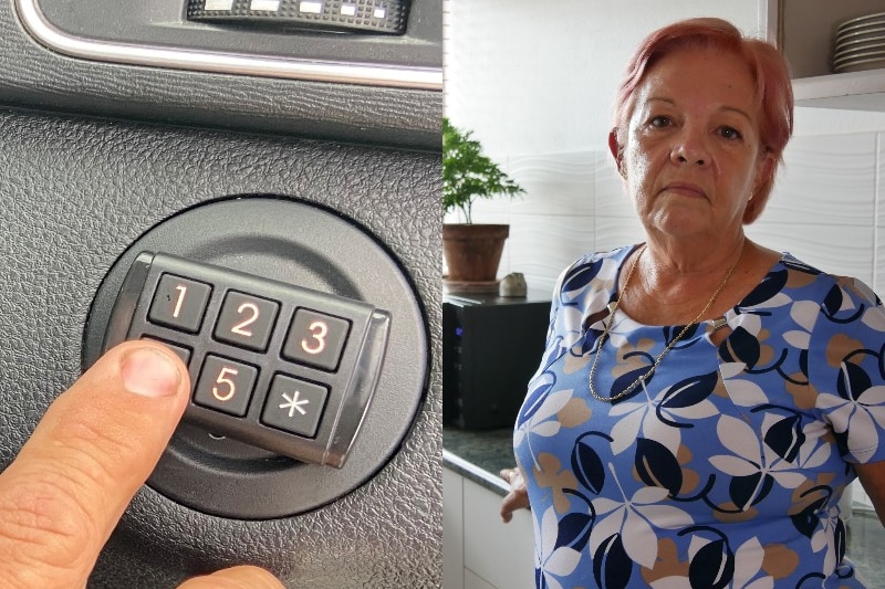 two images side by side. left: a finger pressing a numbered button on an engine immobiliser. right: woman standing in kitchen