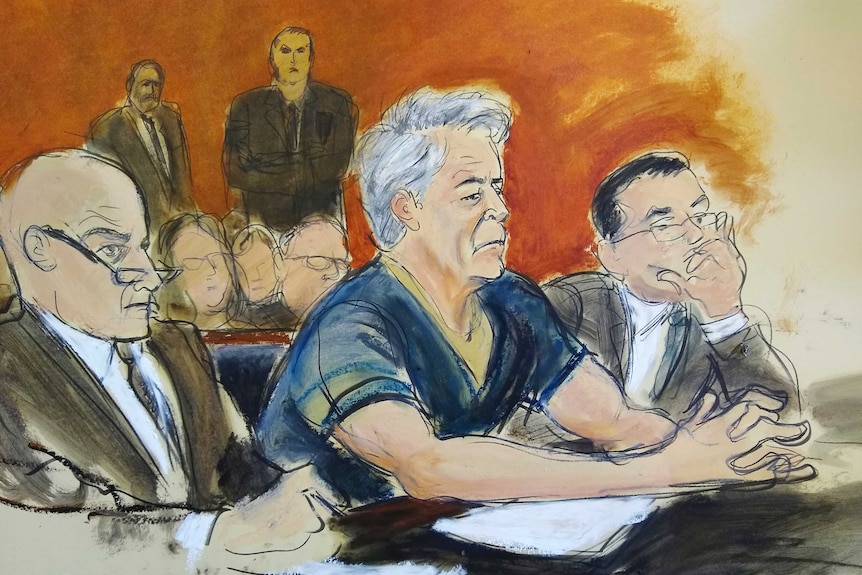 A court sketch shows grey-haired Jeffrey Epstein frowning and flanked by his lawyers.