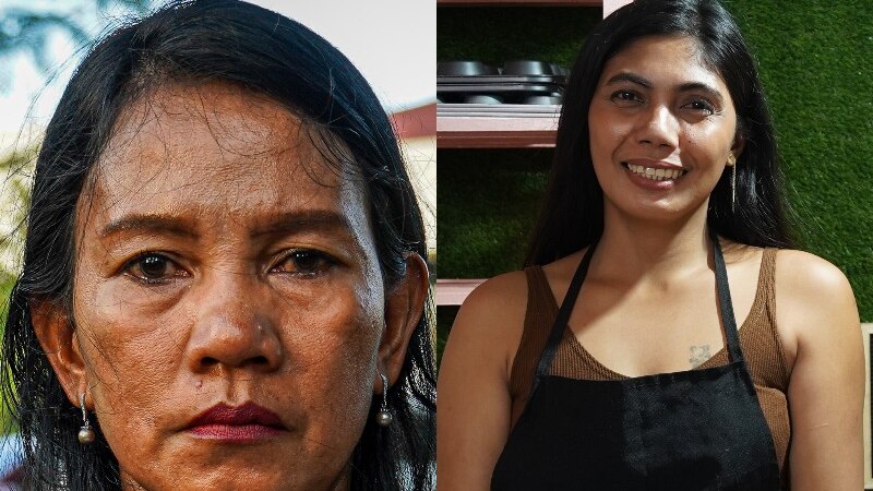 A composite image of two Filipino women who have suffered from domestic violence.
