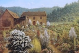 A landscape painting showing houses and buildings.
