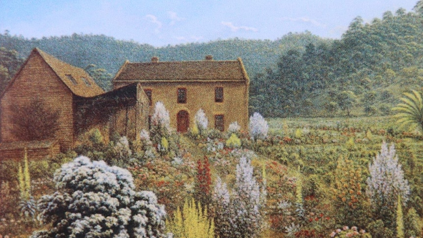 A landscape painting showing houses and buildings.