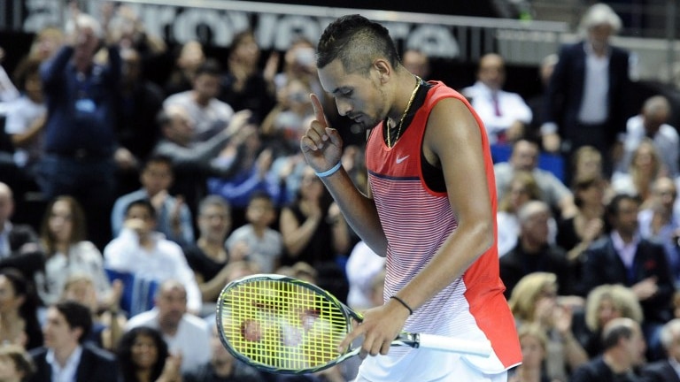 Nick Kyrgios reacts after beating Marin Cilic to win the Marseille Open