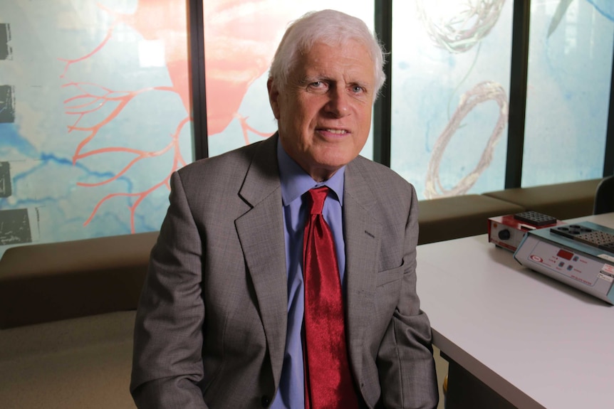 A man with white hair in a grey suit sitting at a desk