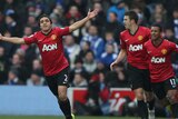 Rafael of Manchester United celebrates scoring