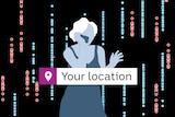Promotional image of a lady talking on the phone and a location search box