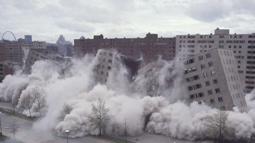 Colour photograph of Pruitt-Igoe public housing being demolished.