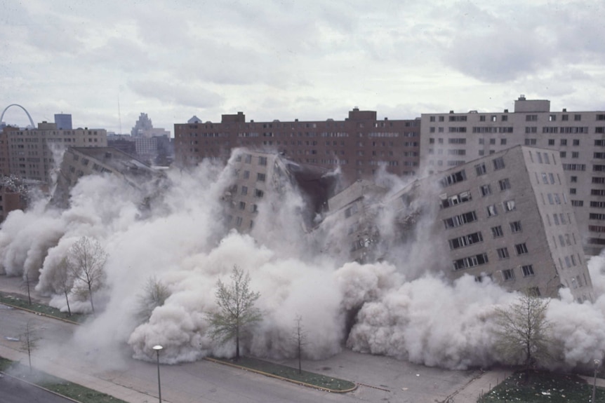 Colour photograph of Pruitt-Igoe public housing being demolished.