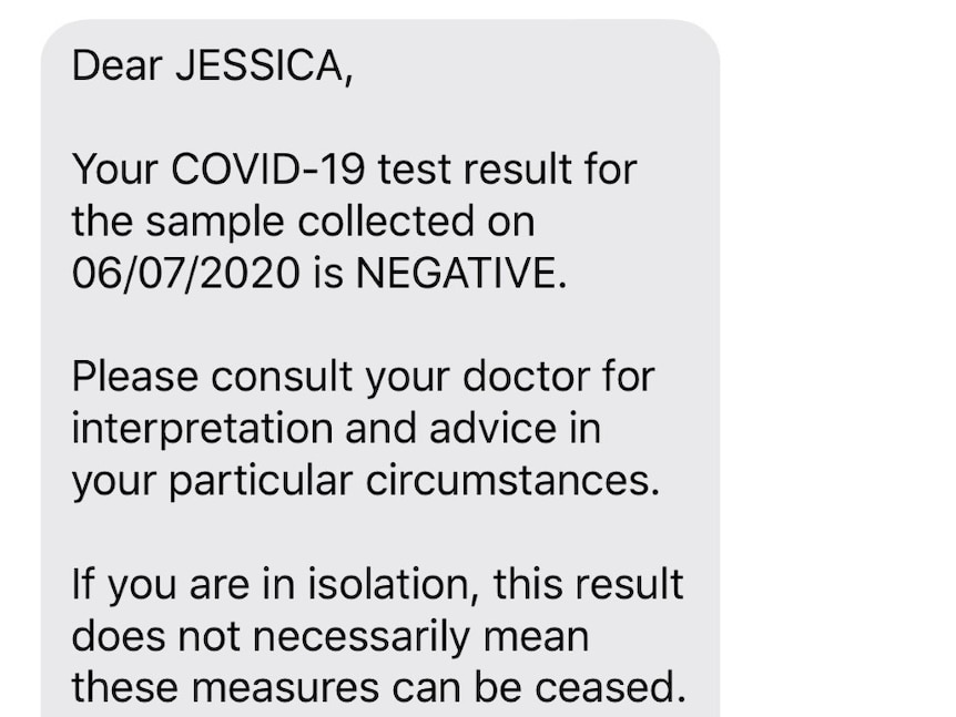 You view a screenshot of an iPhone message showing an automated negative coronavirus test result.