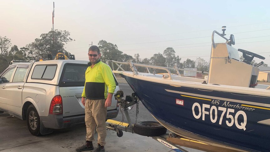 Duane Asmus with his boat and 4wd evacuating Buxton