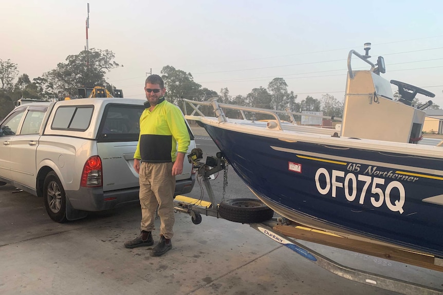 Duane Asmus with his boat and 4wd evacuating Buxton