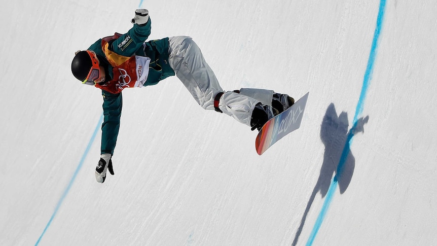 Emily Arthur in mid-air during the women's halfpipe final at the Pyeongchang Olympic Winter Games.