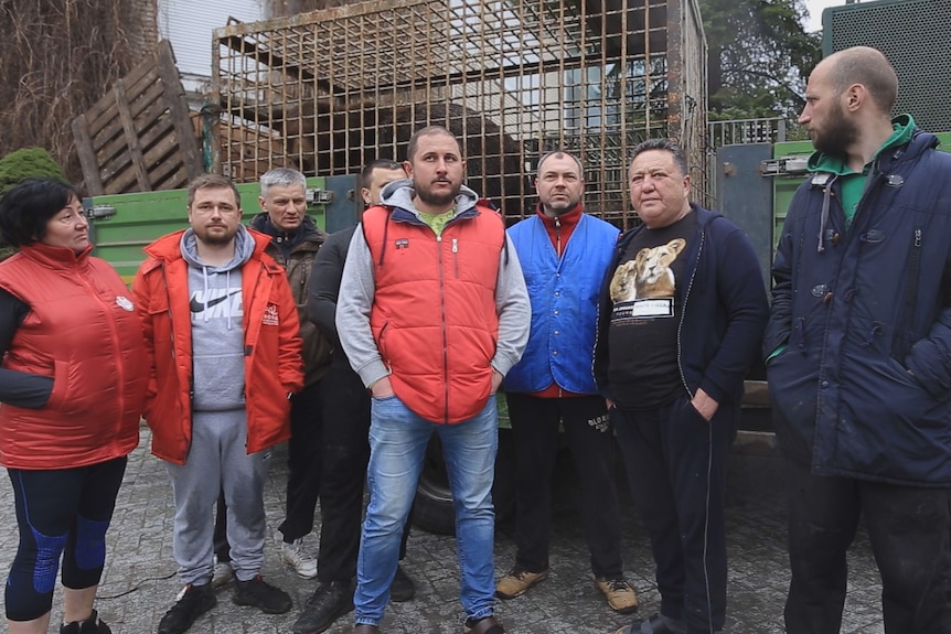 A group of people stand in front of a truck carrying a bear in a cage. 