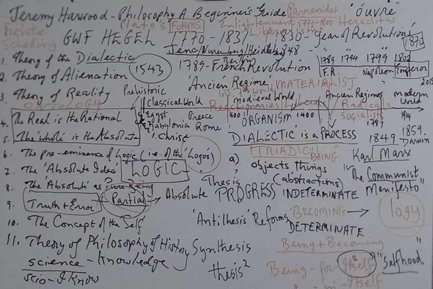 Dr Homer Rieth's whiteboard of notes during a 'Minyip Philosophical Society' class