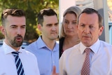 A composite image of four people making announcements during an election campaign
