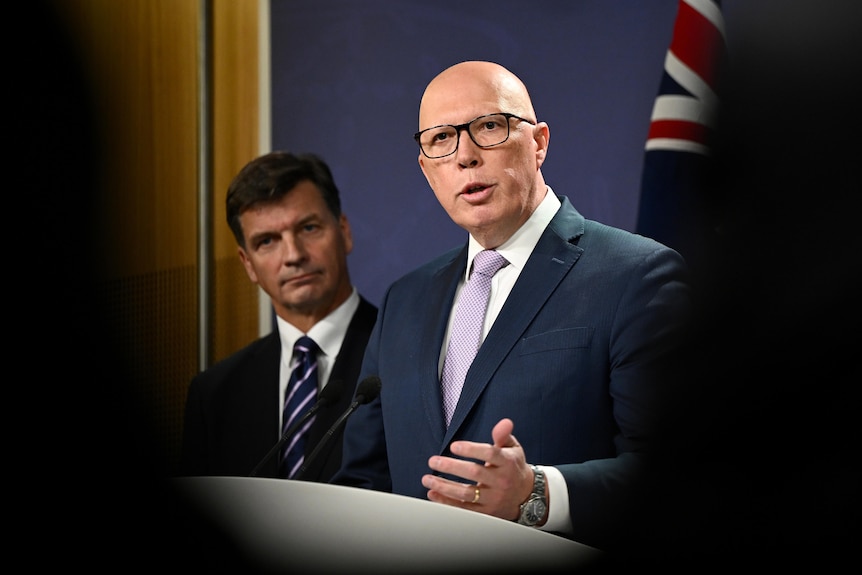 Peter Dutton and Angus Taylor during a press conference.