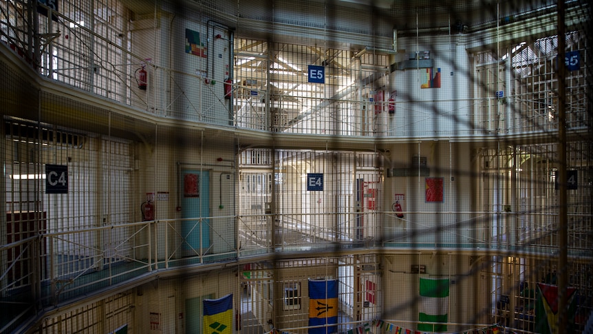 Prison interior, showing vertical storeys of cells