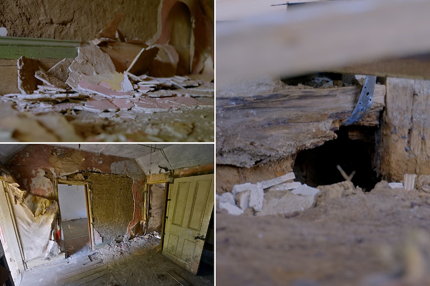 A composite of three pictures showing the crumbling walls and decayed timber in the cottage