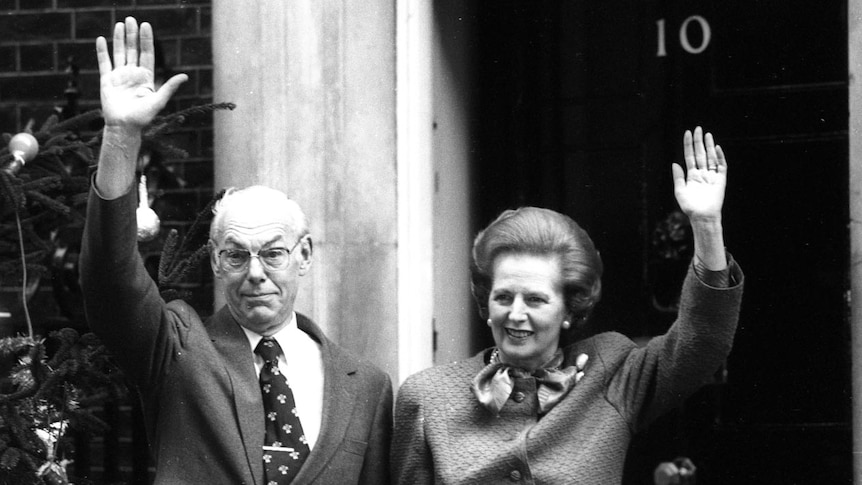 Margaret and Denis Thatcher outside 10 Downing Street.