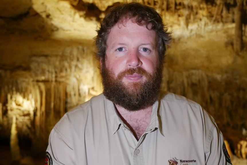 A man wearing a green shirt standing in a cave. 