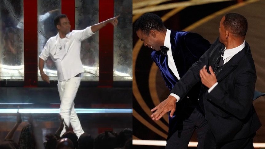 A composite image of Chris Rock pointing to a crowd while giving a stand-up performance, and a photo of Will Smith slapping him