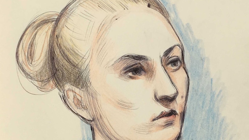 A court artist sketch depicting a woman with hair tied back into a bun.