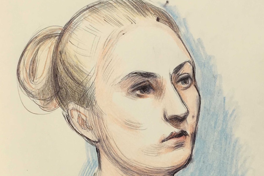 A court artist sketch depicting a woman with hair tied back into a bun.