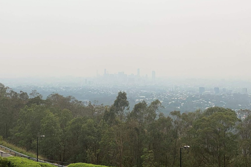 Smoke blankets Brisbane CBD seen from Mt Coot-tha.