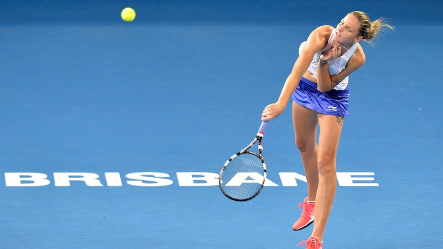 Karolina Pliskova serves during her upset win against Victoria Azarenka at the Brisbane International