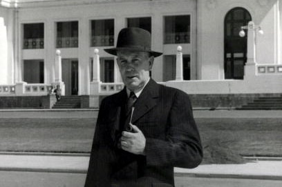 Ben Chifley poses for a photo outside old parliament house