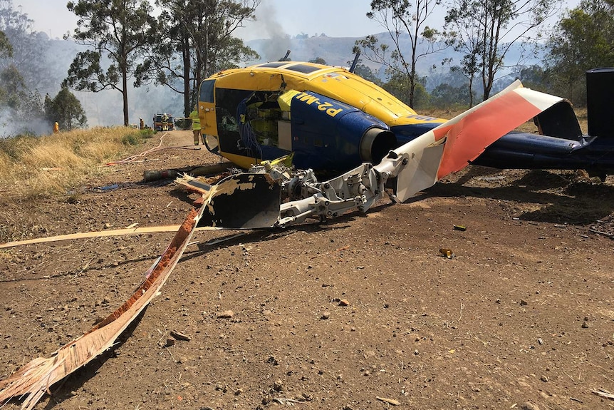 Back of the wreckage of the waterbombing chopper that crashed during bushfires at Pechey.