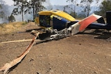 Back of the wreckage of the waterbombing chopper that crashed during bushfires at Pechey.