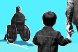 A young boy and an adult stare at a man in a wheelchair