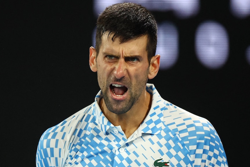 Novak Djokovic yells.