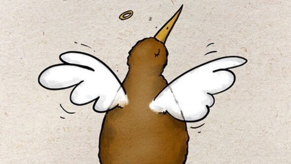 A drawing of a kiwi with angel wings and halo