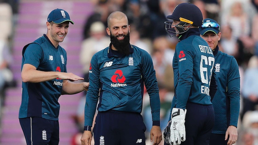 A bowler smiles with his teammates after taking a wicket in an ODI cricket match.