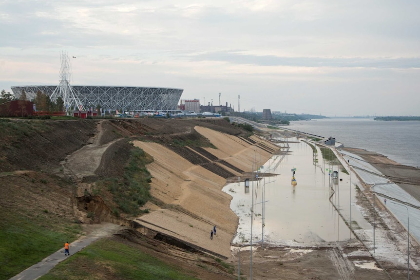 Wide shot of Volgograd Arena and rain damage